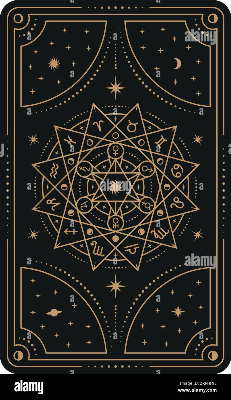 Astrologisches Tarot-Design mit Tierkreiselementen. Mystische Ritualkarte Stock Vektor