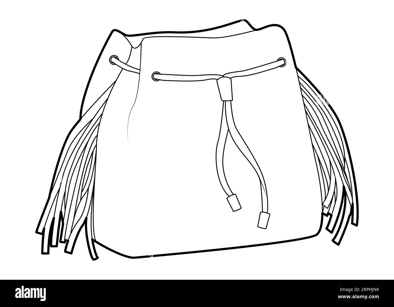 Squaw Bag – Silhouette mit Kordelzug und Quasten. Technische Illustration für Modeaccessoires. Vektor-Ranzen-Vorderseite 3-4 Ansicht für Männer, Frauen-Stil, flache Handtasche CAD Mockup-Kontur Stock Vektor