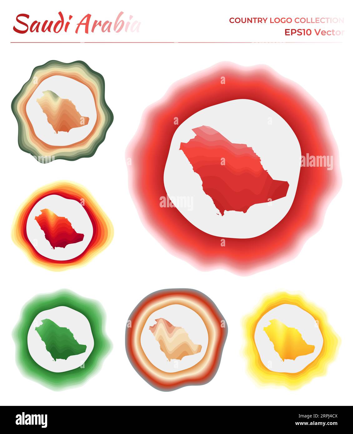 Farbenfrohe Badge-Kollektion, die Saudi-Arabien mit Lagen rund um die Landesgrenze repräsentiert. Vektorabbildung. Stock Vektor