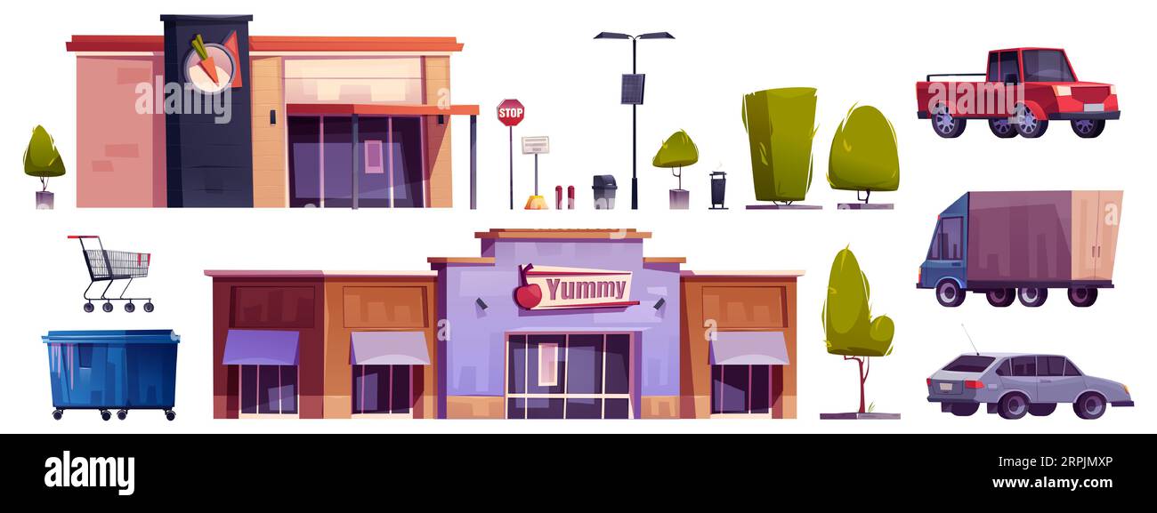 Supermarktgebäude mit Parkplatz, Außenanlage. Isolierte Außenfassade mit LKW, Baum, Wagen und Stoppschild. Städtischer Supermarkt Ladendesign in der Nähe der Straße Außenansicht Illustration Stock Vektor