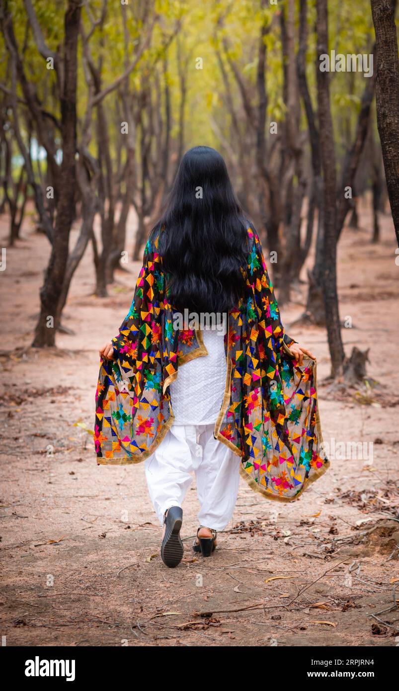 Eine indische Frau mit Blick auf den Rücken, die allein durch den Wald geht Stockfoto