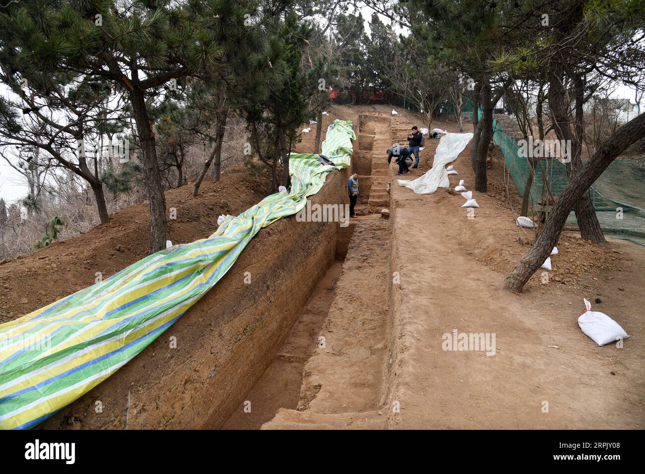 191222 -- QINGDAO, 22. Dezember 2019 -- Foto aufgenommen am 21. Dezember 2019 zeigt eine archäologische Ausgrabungsstätte an den Langyatai-Ruinen in der Stadt Qingdao in der ostchinesischen Provinz Shandong. Ein Entwässerungssystem aus den Dynastien Qin 221-206 v. Chr. und Han 206 v. Chr. bis 220 n. Chr. wurde in den Ruinen von Langyatai entdeckt. Im Oktober dieses Jahres begannen die Ausgrabungen an zwei Stellen der Ruinen. Bisher wurden ein Erdplattform-Fundament, ein Entwässerungssystem und eine Gebäudebasis entdeckt, die sich in großem Maßstab befinden und über rigoroses architektonisches Handwerk verfügen. CHINA-SHANDONG-QINGDAO-LANGYATAI-ARCHÄOLOGISCHE ENTDECKUNG Stockfoto