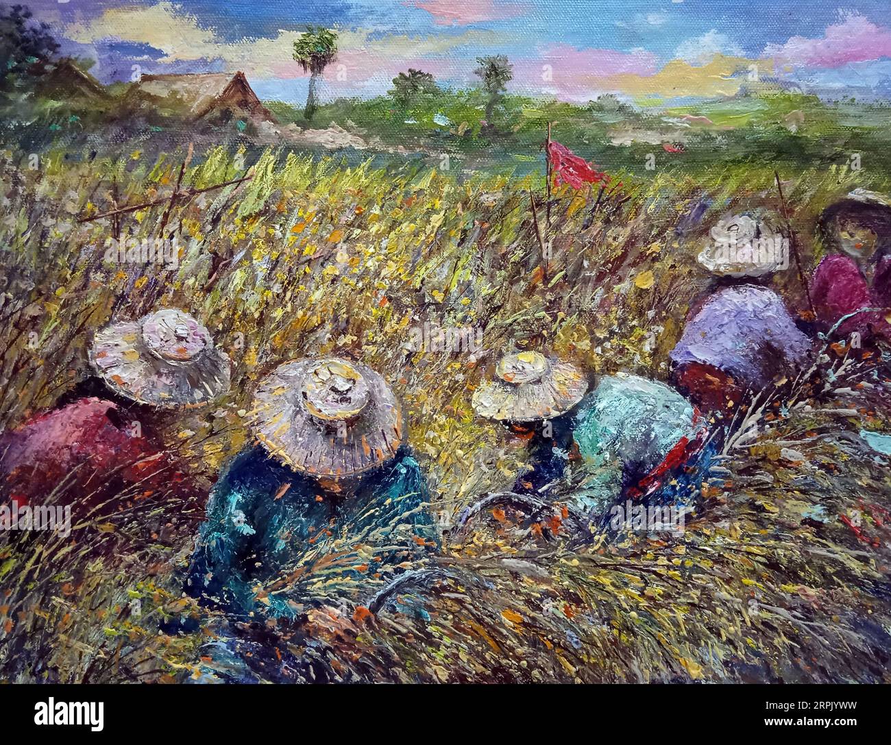 Kunstmalerei Ölfarbe Ernte Reis biologischer Landbau Stockfoto