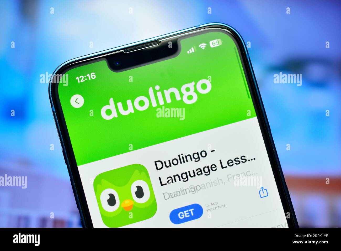 New Delhi, Indien 4. September 2023:- die Duolingo-App am Telefon lernte englisch Stockfoto