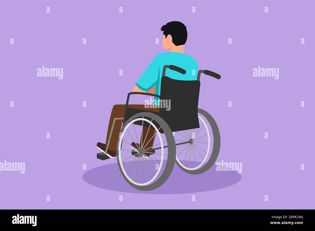 Flaches Grafikdesign mit Rückansicht eines einsamen alten Mannes, der auf einem Rollstuhl sitzt und draußen auf ferne trockene Herbstblätter schaut. Einsam, verödet, desol Stockfoto