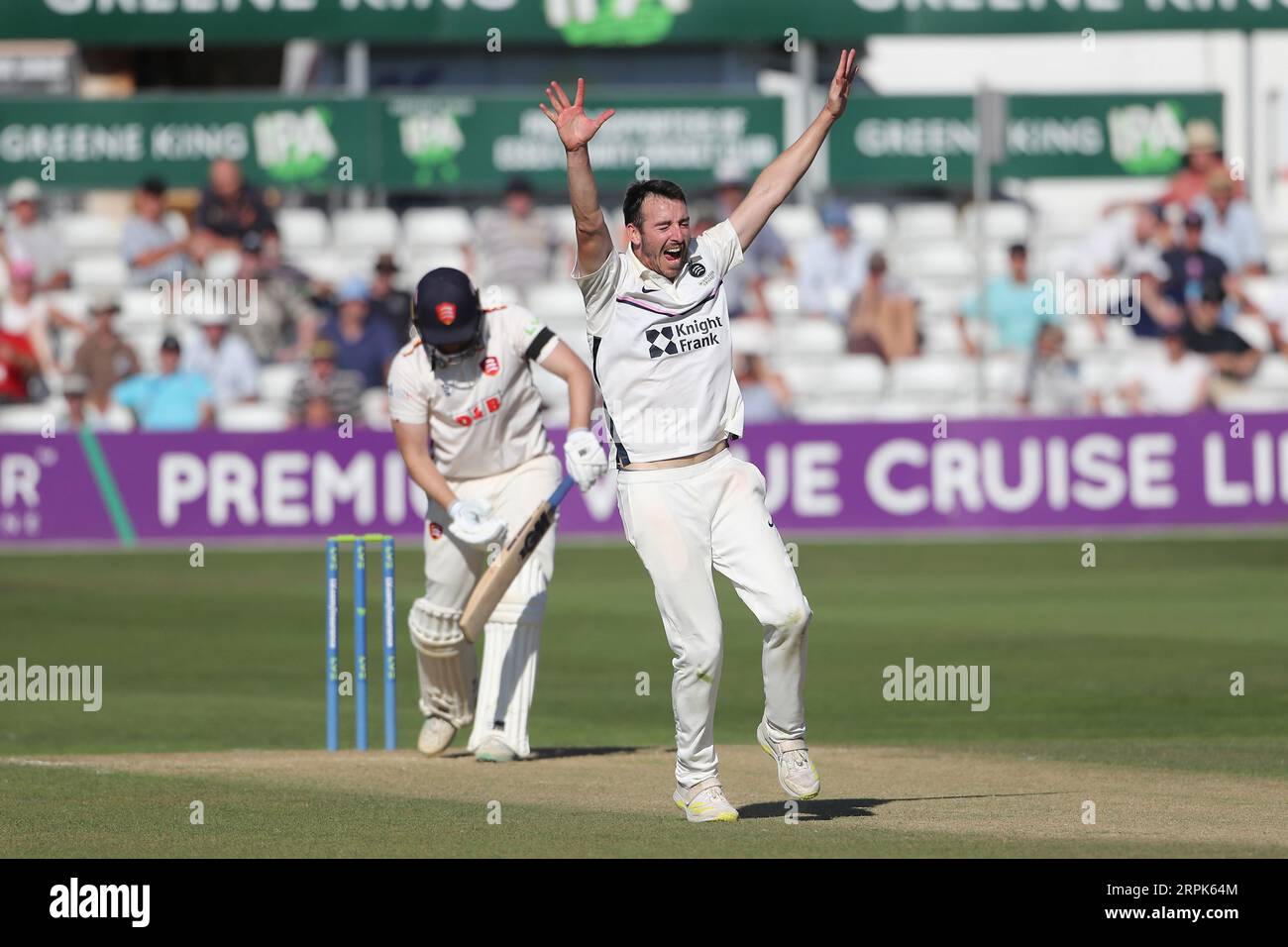 Toby Roland-Jones aus Middlesex beansprucht das Wicket von Matt Critchley während des Essex CCC vs Middlesex CCC, LV Insurance County Championship Division 1 Cric Stockfoto