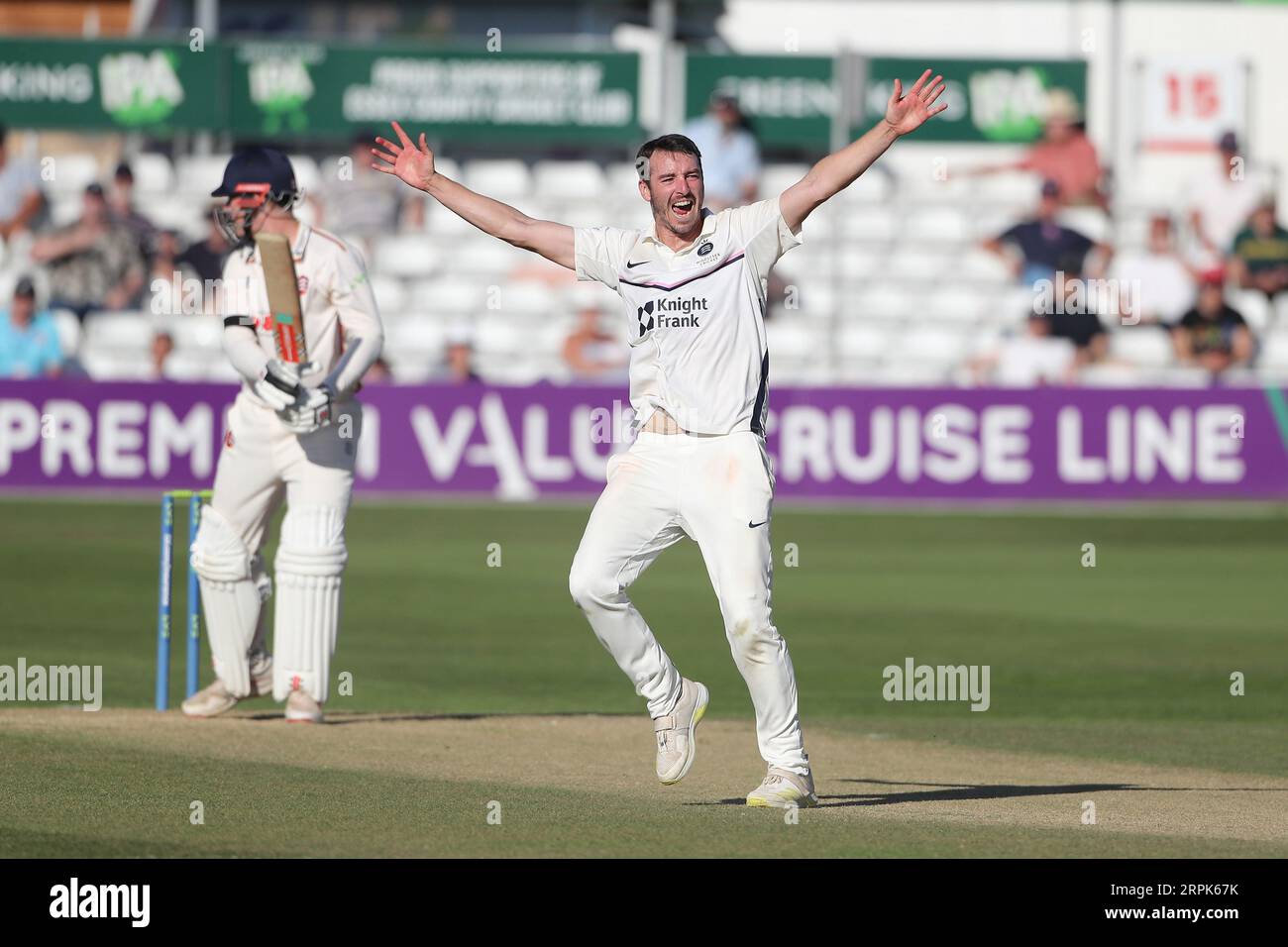 Toby Roland-Jones aus Middlesex spricht sich für das Wicket von Simon Harmer während des Essex CCC gegen Middlesex CCC, LV Insurance County Championship Division 1 C aus Stockfoto