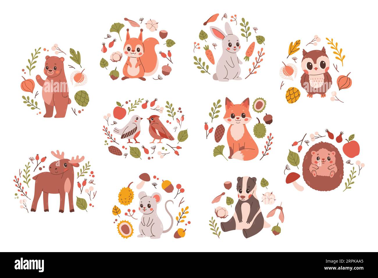 Waldtiere Set. Niedlicher Fuchs, Bär, Elch, Kaninchen und Vögel. Perfekt für Scrapbooking, Karten, Poster, Tag, Aufkleber-Kit. Stock Vektor