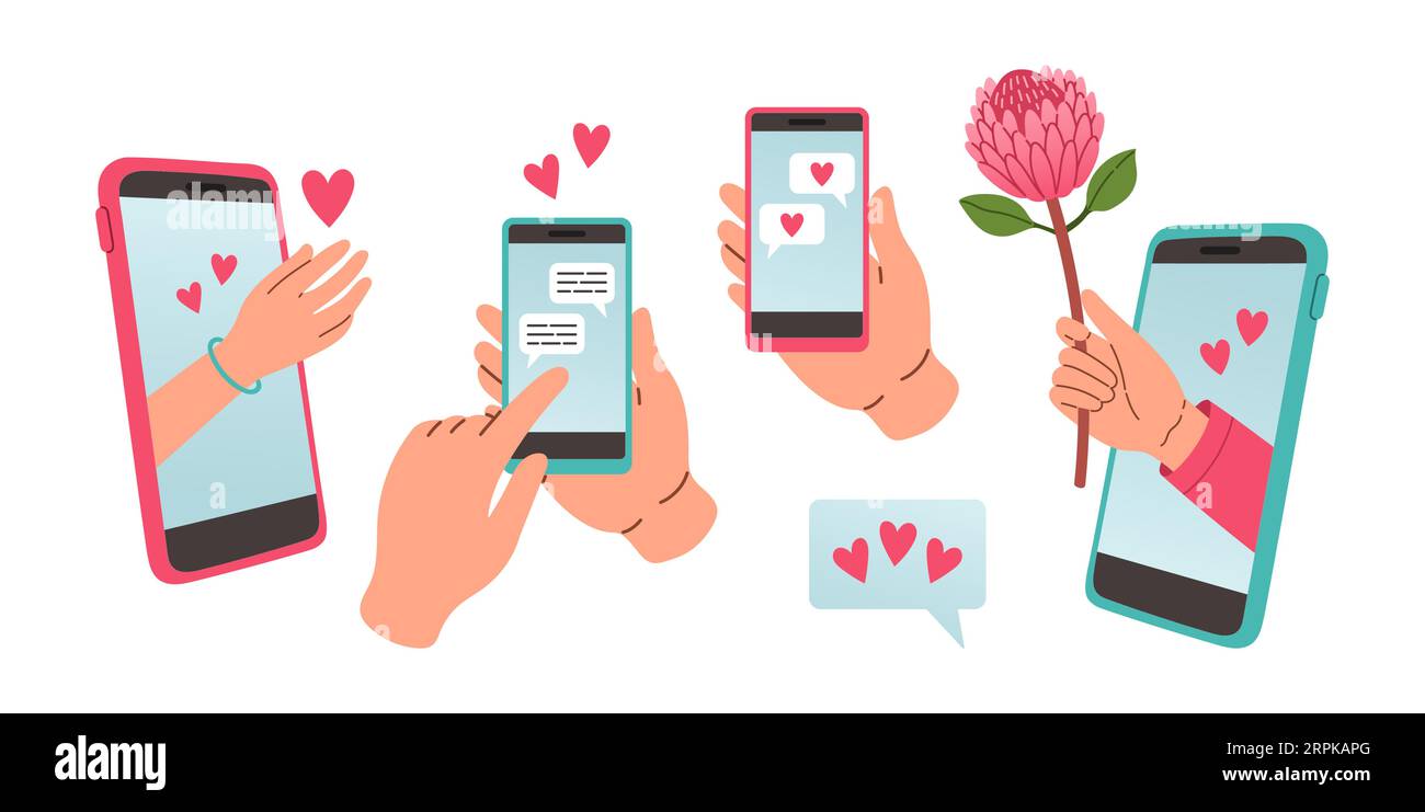 Love Message Set. Handheld-Telefon mit „Liebe“- oder „gefällt mir“-Benachrichtigungen, Designkonzept für den Valentinstag Stock Vektor