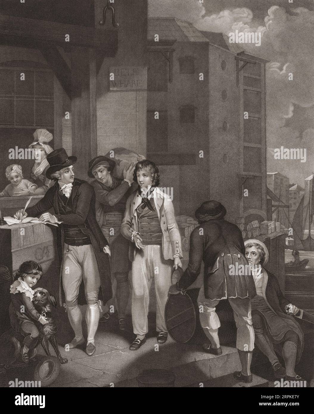 Ein Junge sucht im späten 18. Jahrhundert Arbeit auf einem Hafengelände. Nach einem Druck von Jean Louis Darcis aus dem Gemälde von Henry Singleton. Stockfoto