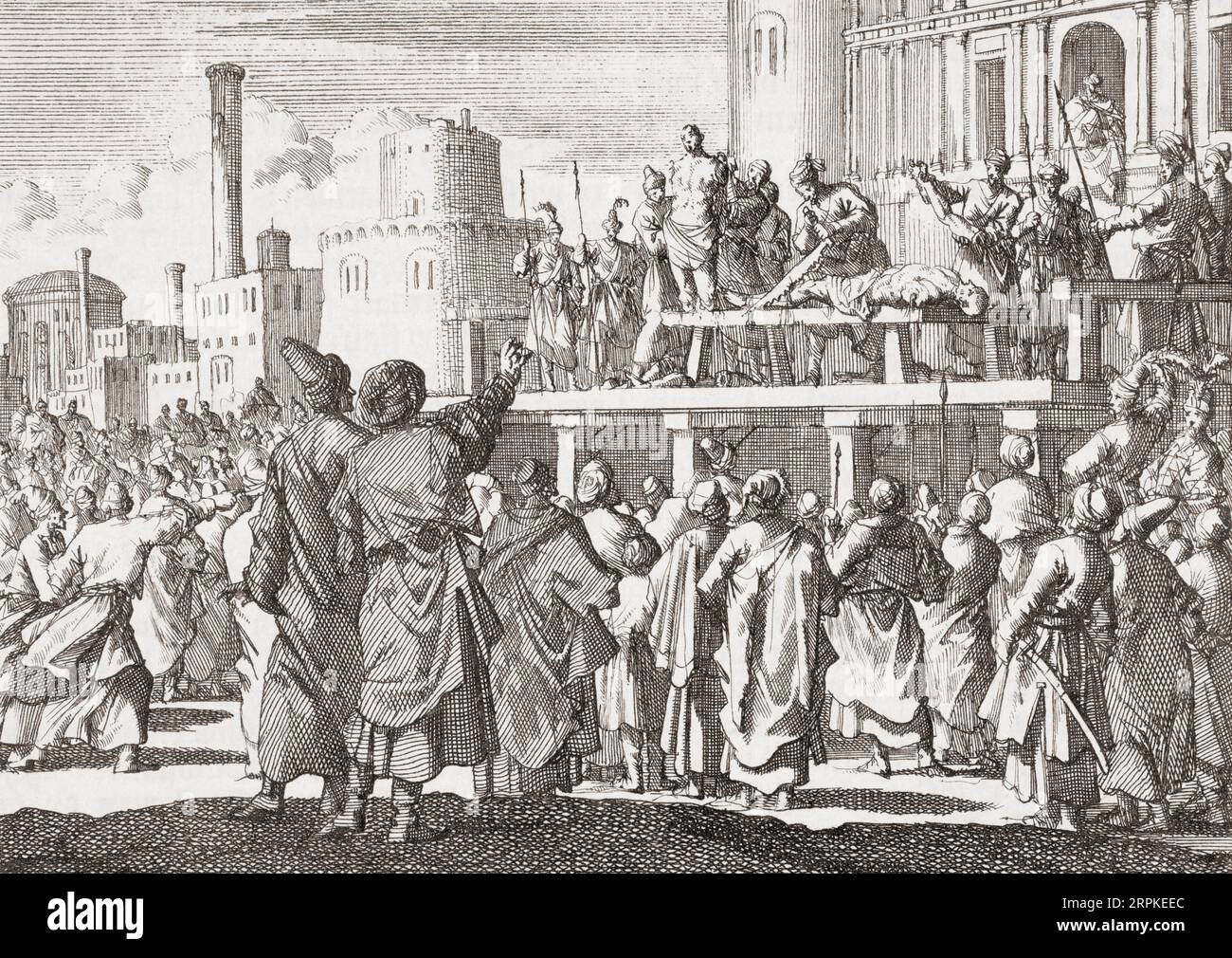 Zwei Männer werden brutal hingerichtet, weil sie geraucht haben, indem sie ihre Gliedmaßen amputiert haben. Murad IV., Sultan des Osmanischen Reiches, hatte den Gebrauch von Tabak, Alkohol und Kaffee verboten. Murad IV, 1612 - 1640. Nach einem Druck von Jan Luyken. Stockfoto
