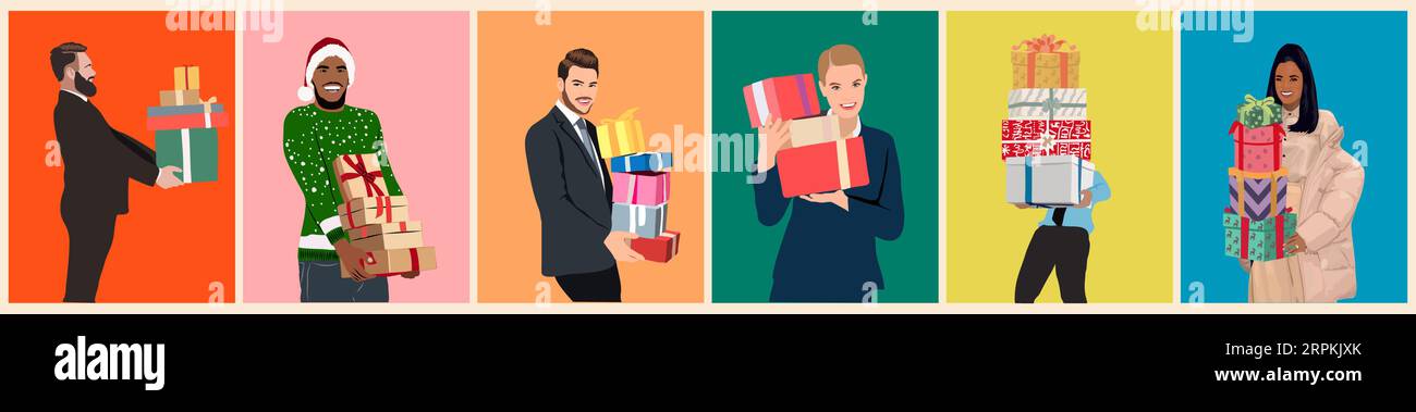Glückliche Menschen mit Weihnachtsgeschenken Vektor-Set. Stock Vektor
