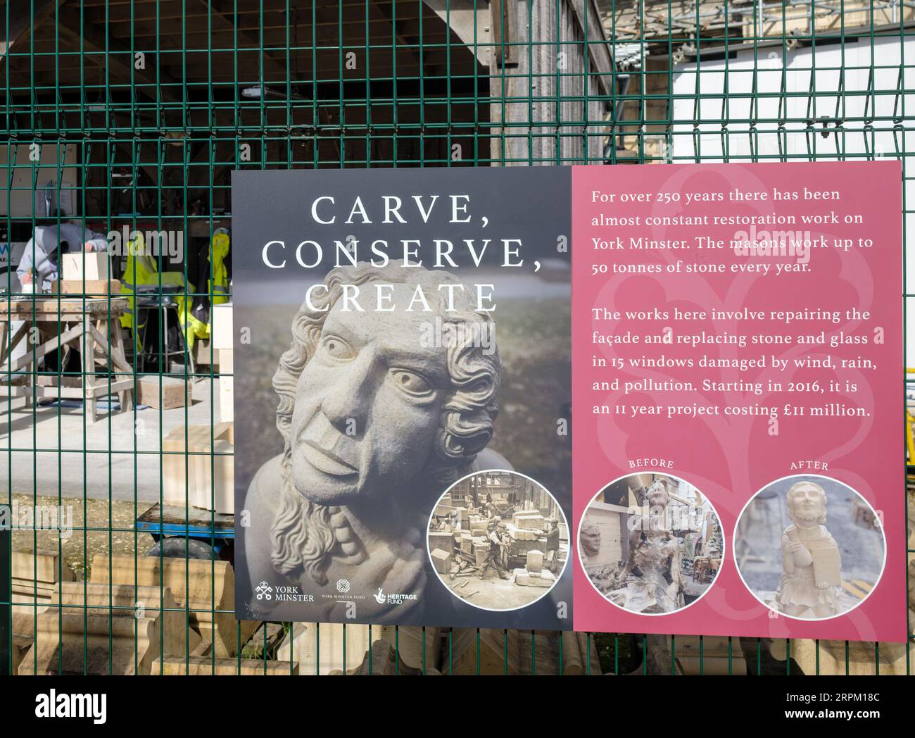 Carve Conserve Create, Restaurierungsarbeiten an der York Minster Cathedral in Yorkshire, England Stockfoto