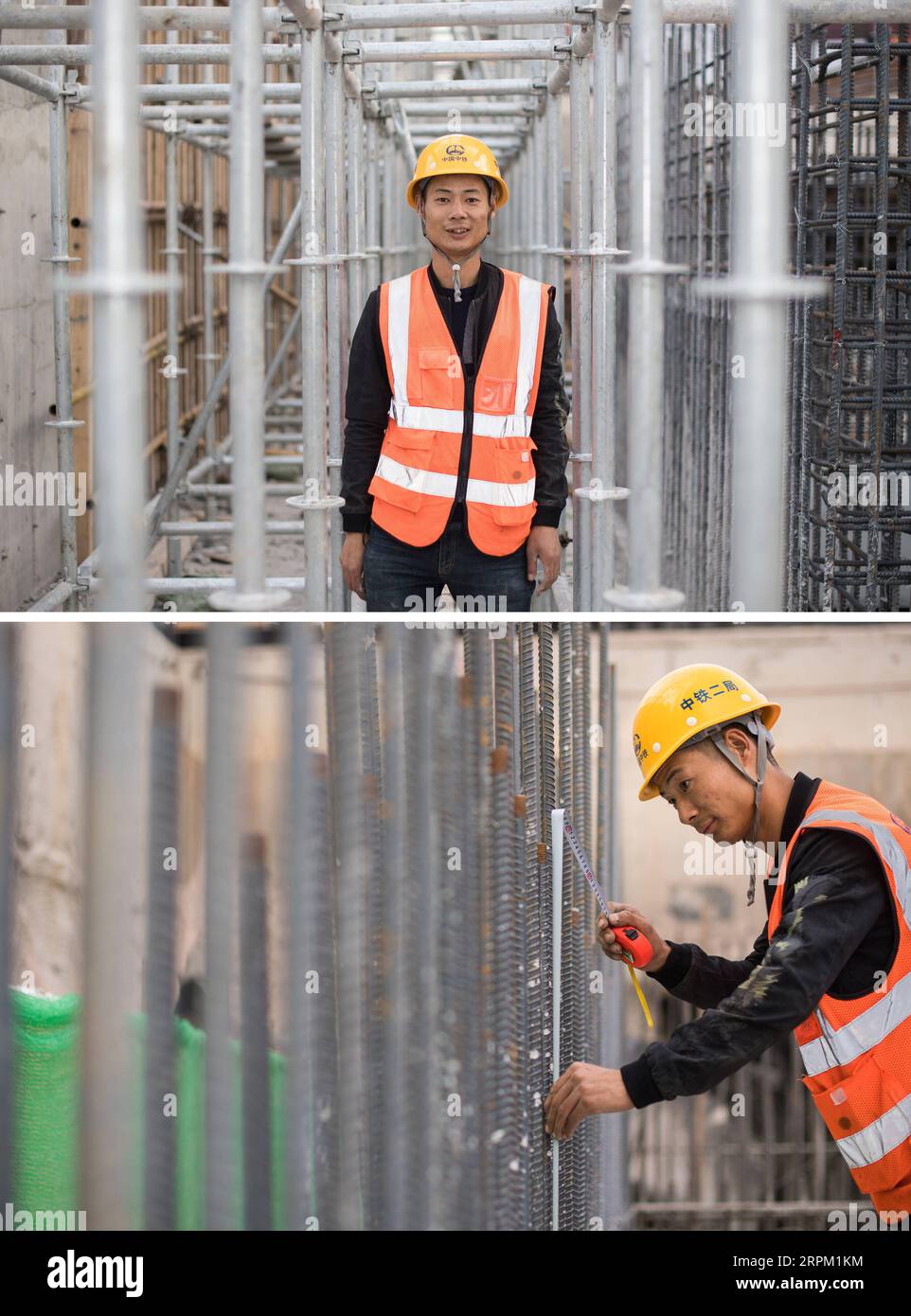 200124 -- SHENZHEN, 24. Januar 2020 -- Combo-Foto aufgenommen am 20. Januar 2020 zeigt Tang Dong posiert für ein Foto-Top und Tang misst die Länge von Stahlstangen auf einer Baustelle der Shenzhen Metro in Shenzhen, Südchinas Provinz Guangdong. Tang kommt aus Nanchong in der südwestchinesischen Provinz Sichuan und bleibt mit seinen Kollegen auf der Baustelle für das Frühlingsfest. Viele Menschen aus verschiedenen Lebensbereichen entscheiden sich für den Frühlingsfest-Urlaub in Shenzhen. Shenzhen begrüßt sein 40-jähriges Bestehen im Jahr 2020 und immer mehr Menschen fühlen sich angezogen, hier zu arbeiten und zu leben. CH Stockfoto