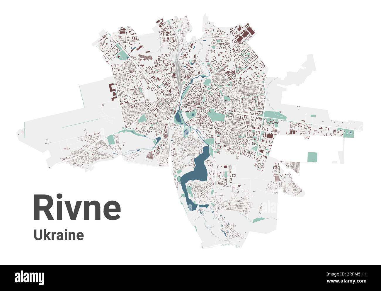 Rivne Karte, Stadt in der Ukraine. Stadtplan mit Gebäuden, Flüssen und Straßen, Parks und Eisenbahnen. Vektorillustration. Stock Vektor