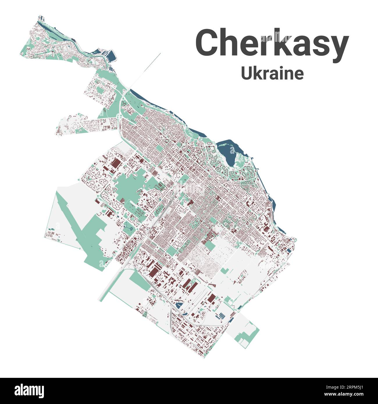 Tscherkasische Karte, Stadt in der Ukraine. Stadtplan mit Gebäuden, Flüssen und Straßen, Parks und Eisenbahnen. Vektorillustration. Stock Vektor