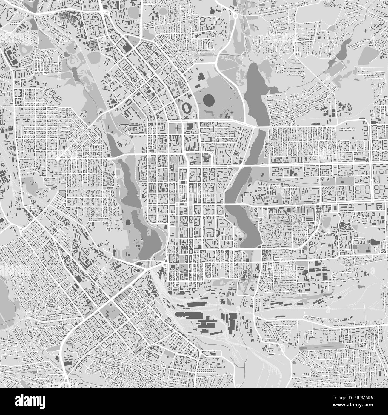 Donezk Stadtplan, Ukraine. Städtische Verwaltungskarte in Schwarz-weiß mit Flüssen und Straßen, Parks und Eisenbahnen. Vektorillustration. Stock Vektor