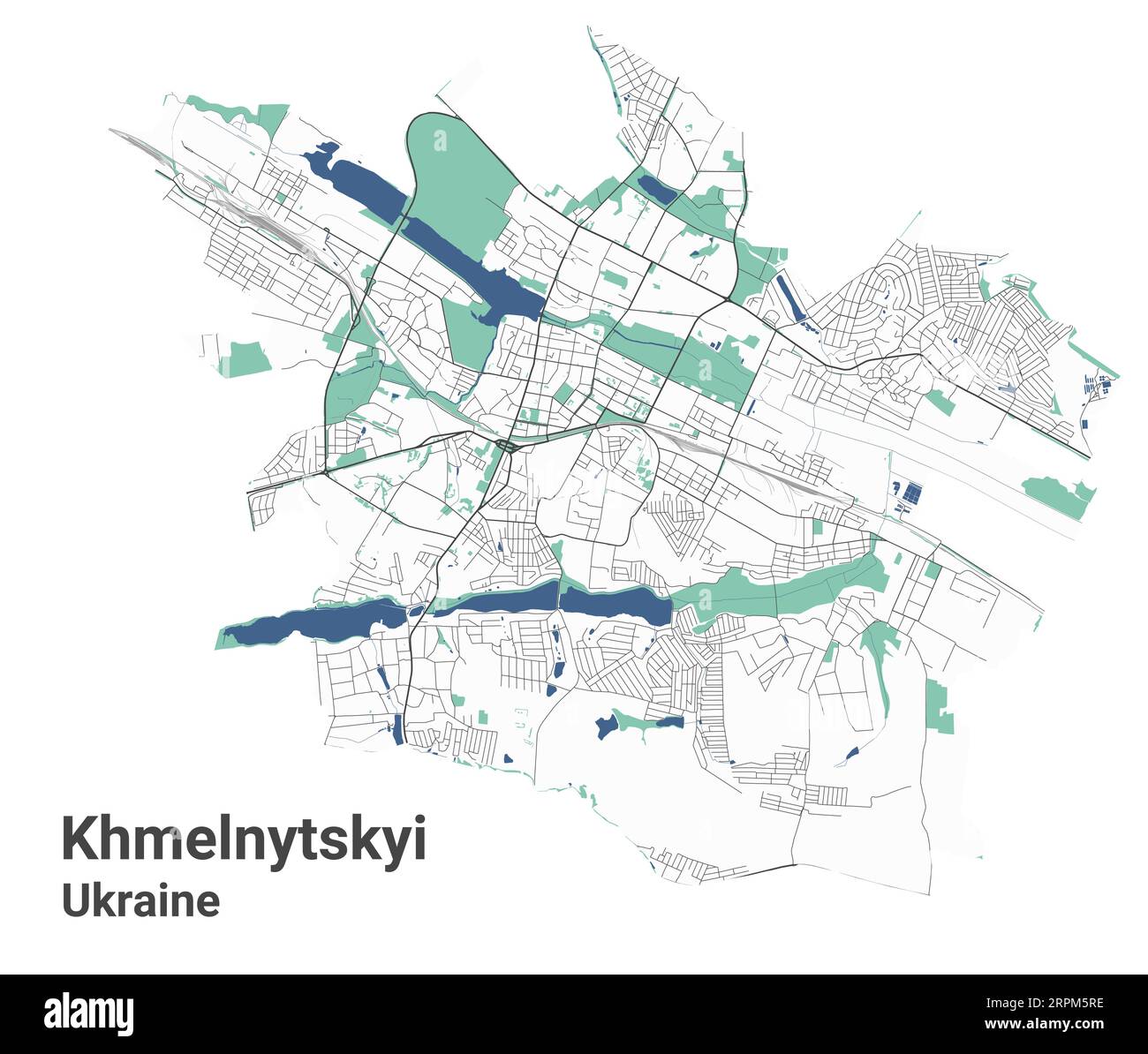 Khmelnytskyi Karte, ukrainische Stadt. Stadtplan mit Flüssen und Straßen, Parks und Eisenbahnen. Vektorillustration. Stock Vektor