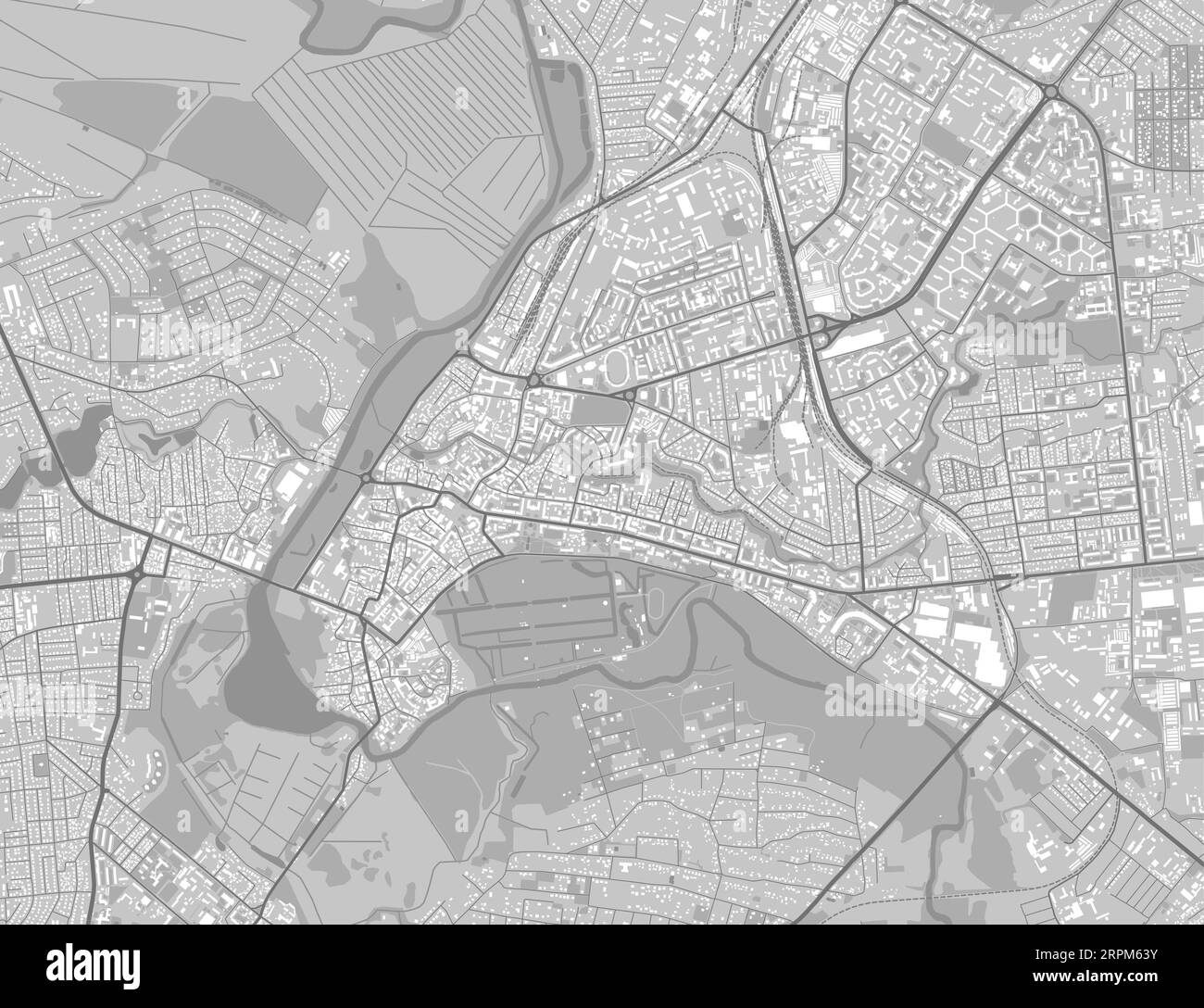 Detaillierte Karte der Stadt Lutsk, Oblast Zentrum der Ukraine. Stadtplan mit Flüssen und Straßen, Parks und Eisenbahnen. Vektorillustration Stock Vektor