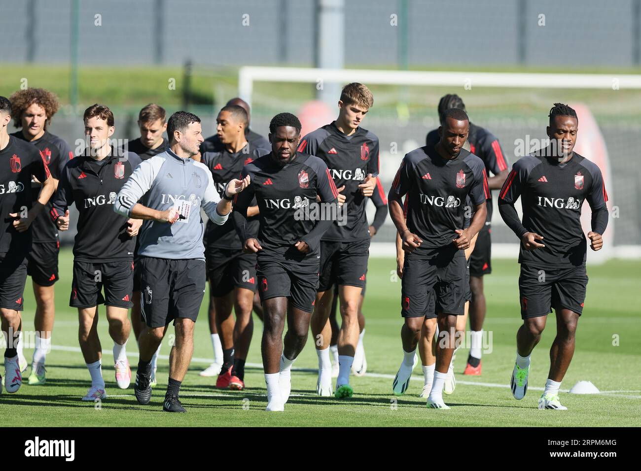 Belgiens Spieler wurden während einer Trainingseinheit der belgischen Fußballnationalmannschaft Red Devils am Dienstag, den 05. September 2023, im Hauptsitz des Royal Belgian Football Association RBFA in Tubize abgebildet. Die Teufel spielen in diesem Monat Aserbaidschan und Estland. BELGA-FOTO BRUNO FAHY Stockfoto