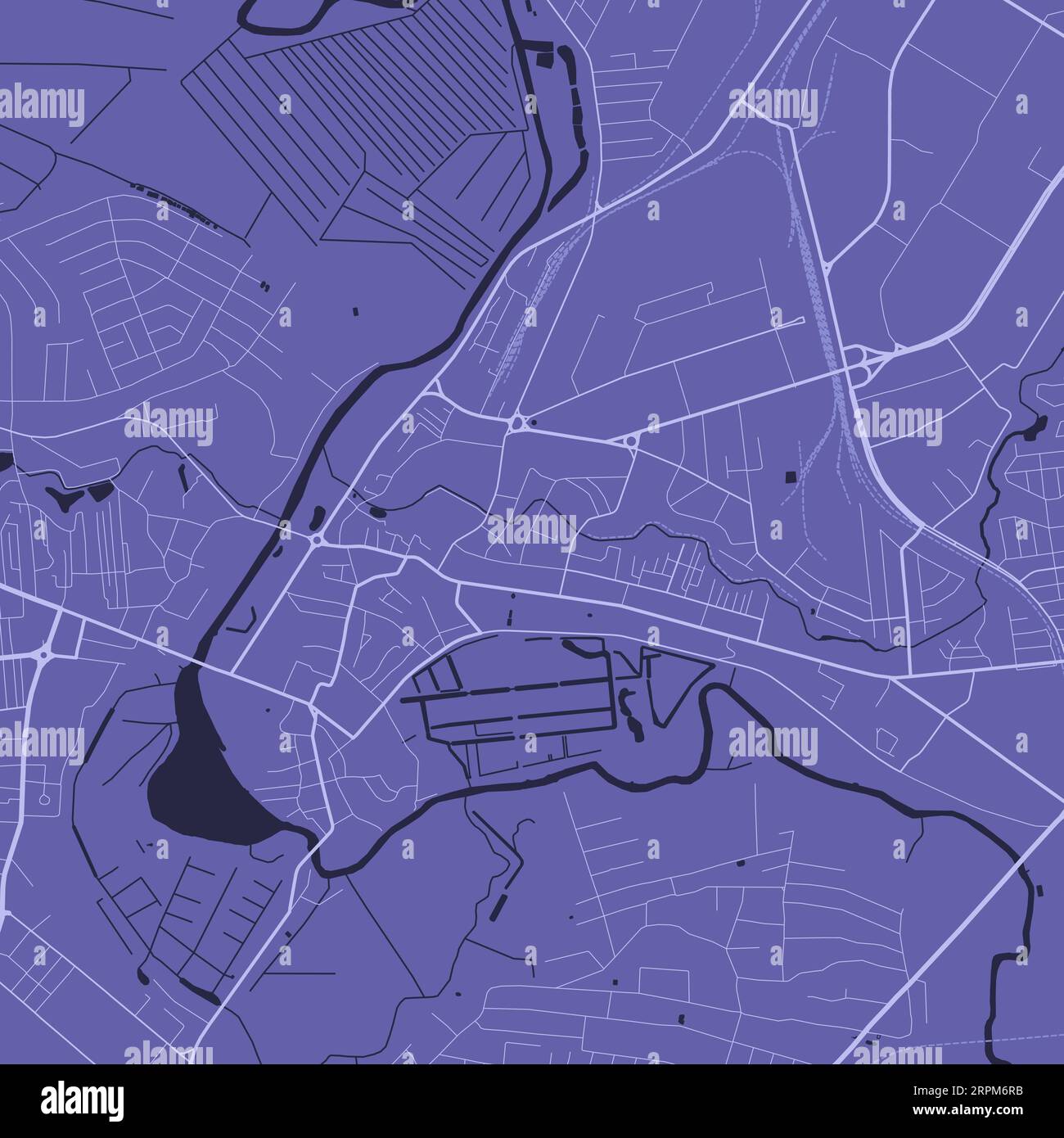 Hintergrund Lutsk Karte, Ukraine, lila Stadtplakat. Vektorkarte mit Straßen und Wasser. Breitbildformat, digitale Roadmap mit flachem Design. Stock Vektor
