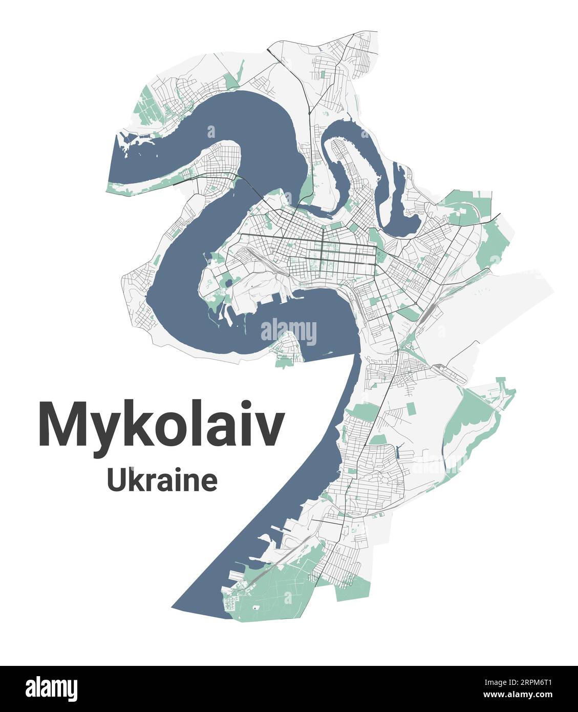 Mykolaiv Karte, ukrainische Stadt. Stadtplan mit Flüssen und Straßen, Parks und Eisenbahnen. Vektorillustration. Stock Vektor