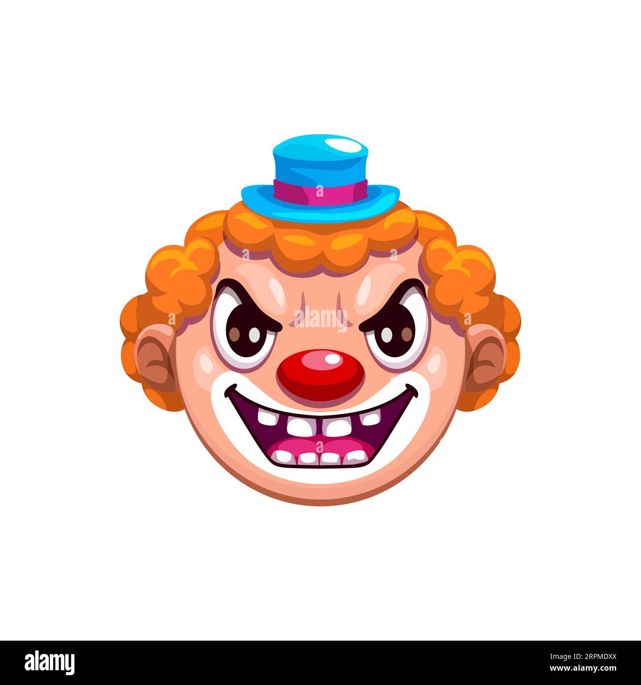 Cartoon Halloween Clown Emoji Figur. Gruseliger, unheimlicher Geiger mit einem wütenden Ausdruck, feurigen Augen, gruseligen Grinsen und roter Nase. Isoliertes Vektor-Evil-Funster-Emoticon für Urlaubsnachrichten und Chats Stock Vektor