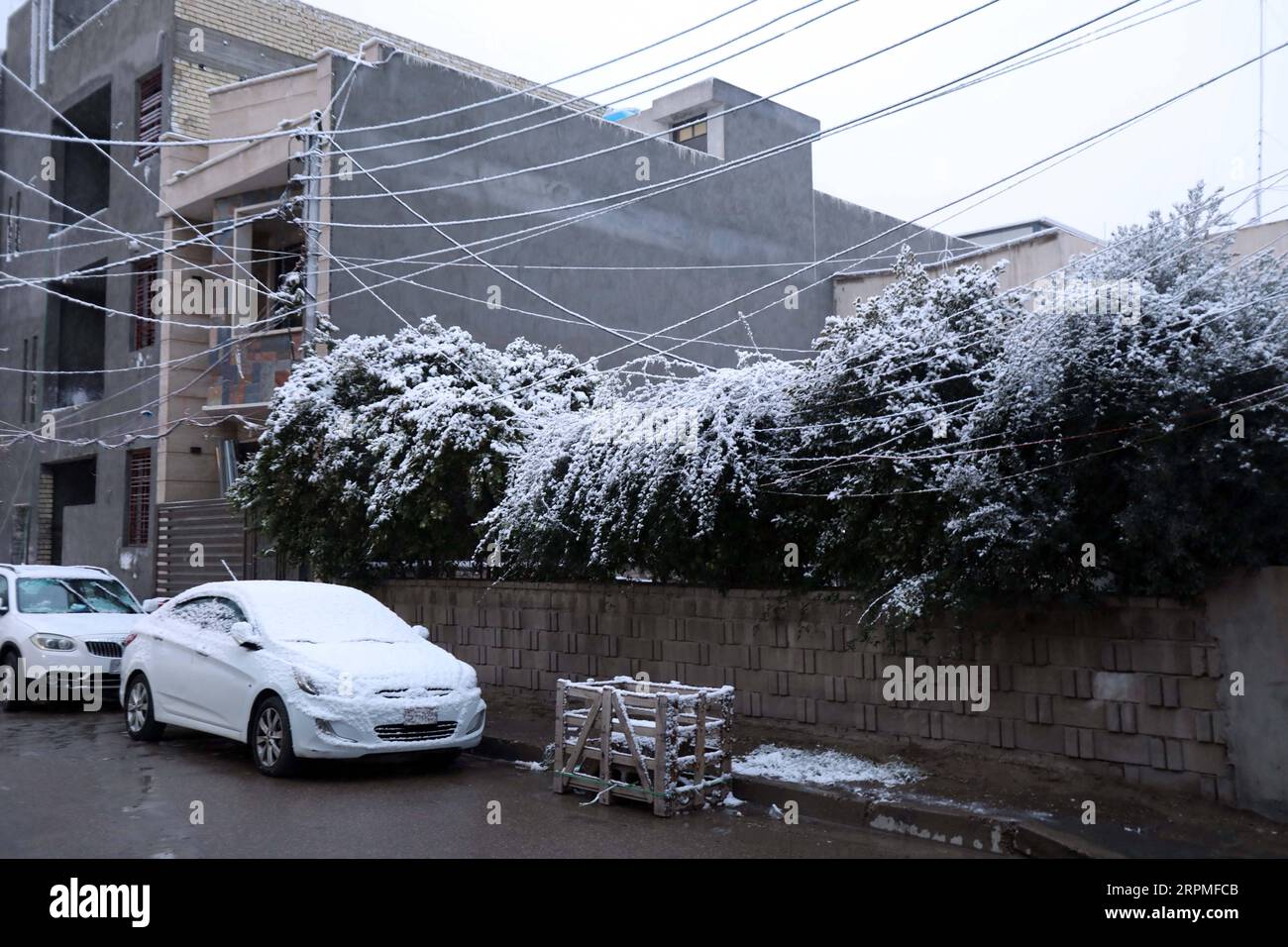 200211 -- BAGDAD, 11. Februar 2020 Xinhua -- Foto vom 11. Februar 2020 zeigt den Schnee in Bagdad, Irak. Viele Menschen in der irakischen Hauptstadt Bagdad wachten am Dienstag früh auf, um einen seltenen Schneefall in der Stadt zu beobachten. Schnee im Irak ist im nördlichen Teil des Landes häufig zu sehen, insbesondere in den Gebirgsregionen. Für die meisten Bürger in Bagdad ist es selten, dass sie Schnee sehen. Bagdad war im Januar 2008 zum ersten Mal seit über 100 Jahren Zeuge von Schneefällen. Xinhua/Khalil Dawood IRAQ-BAGDAD-SNOW PUBLICATIONxNOTxINxCHN Stockfoto