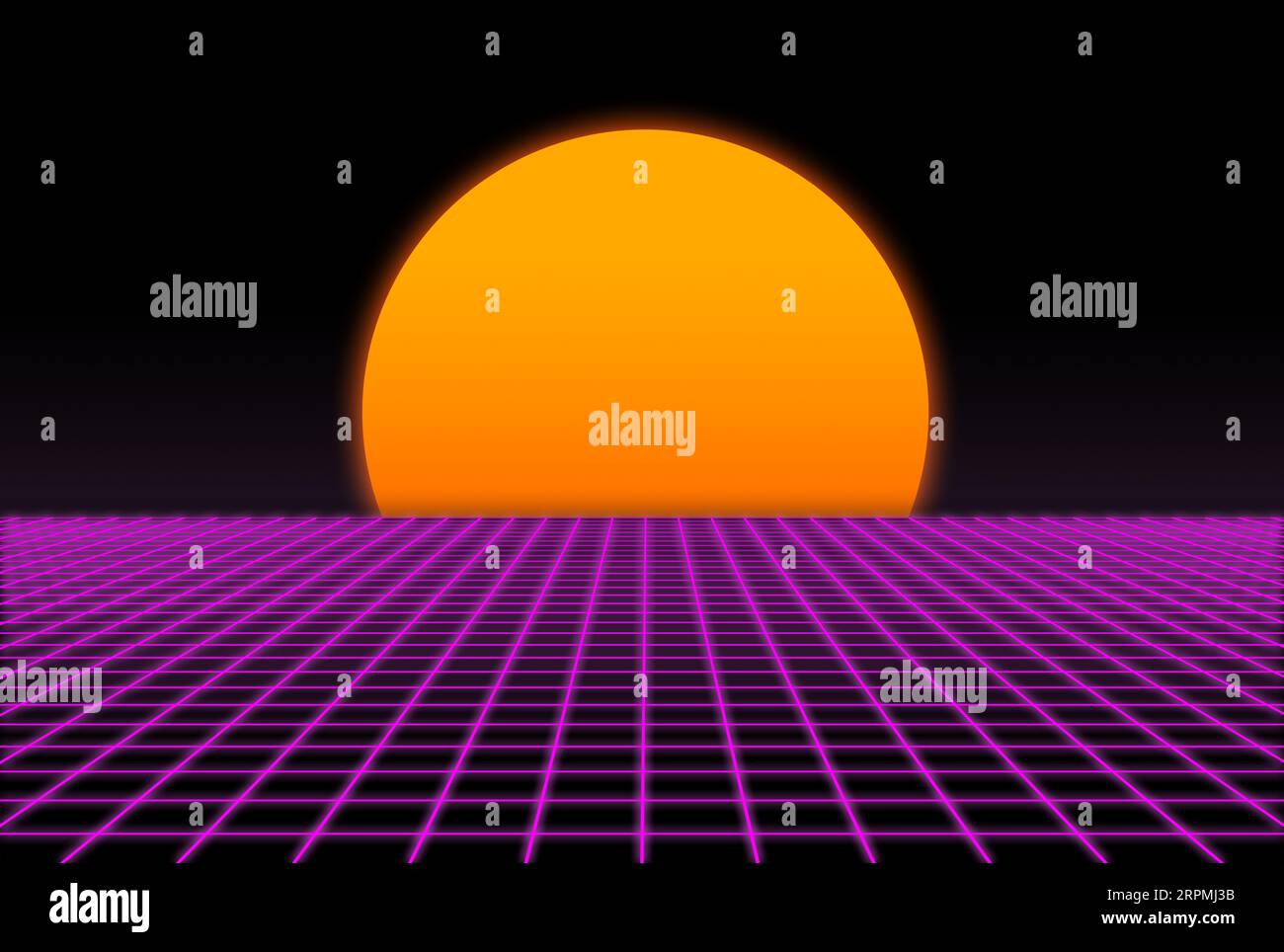3D Raster aus den 80s mit Sonnenuntergang Stockfoto