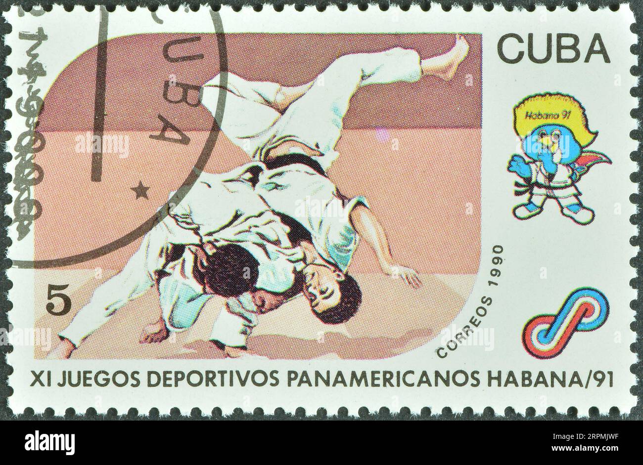 Gestempelte Briefmarke, gedruckt von Kuba, die Judo, 11. Pan American Games, um 1990 zeigt. Stockfoto