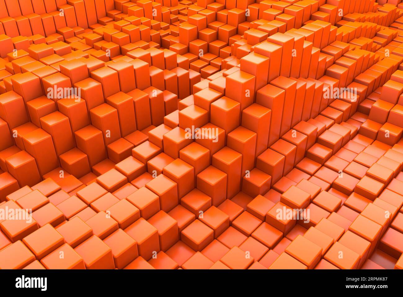 Nahaufnahme auf einem abstrakten orangefarbenen Plastikwürfelhintergrund. Stockfoto