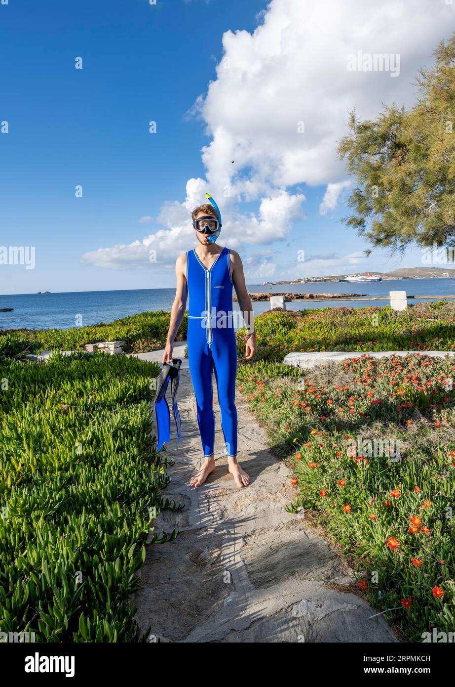 Junger Mann mit Taucherbrille, Schnorchel, blauen Flossen und blauem Neoprenanzug, Paros, Kykladen, Griechenland Stockfoto