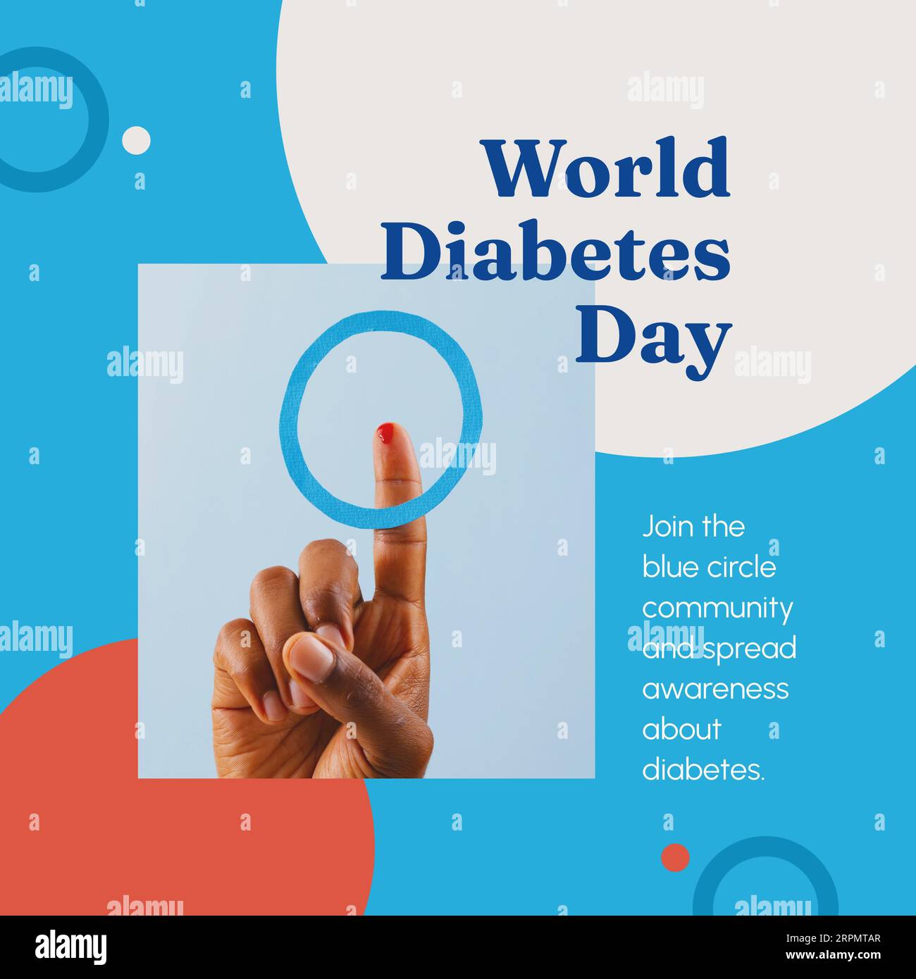 Abgeschnittener Finger eines Menschen mit Blut und blauem Kreis und Welttag für Diabetes Stockfoto