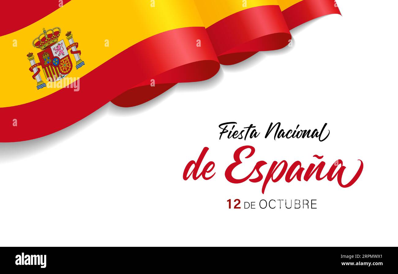 Fiesta nacional de Espana, 12 de Octubre mit 3d Spanien Wellenfahne. Übersetzung - Nationalfeiertag Spaniens, 12. Oktober. Vektordesignvorlage für das Web Stock Vektor