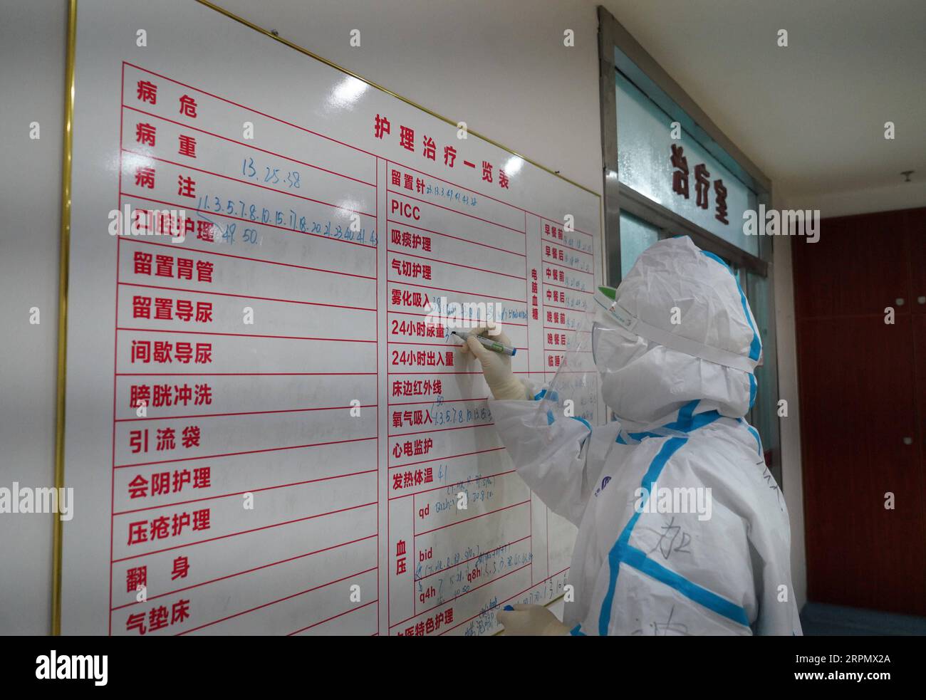 200218 -- NANCHANG, 18. Februar 2020 -- Ein medizinisches Personal zeichnet Behandlung und Pflegedetails in einer Isolationsstation des angeschlossenen Krankenhauses der Jiangxi Universität für traditionelle Chinesische Medizin in Nanchang, ostchinesische Provinz Jiangxi, 18. Februar 2020 auf. Während des Kampfes gegen das neuartige Coronavirus intensiviert das angeschlossene Krankenhaus der Jiangxi-Universität für traditionelle Chinesische Medizin die Bemühungen, die TCM-Behandlung der Patienten, die mit dem neuartigen Coronavirus infiziert sind, voranzutreiben. Die westliche Medizin bietet wichtige lebenserhaltende Maßnahmen wie Atemwegserkrankungen und Zirkus Stockfoto