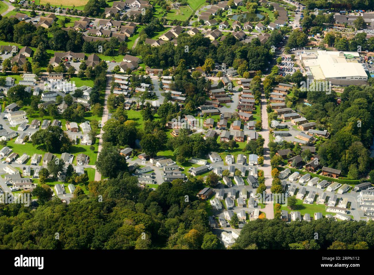 Eine Luftaufnahme von Ferienhäusern auf der Fylde, östlich von Blackpool, Nordwestengland, großbritannien Stockfoto