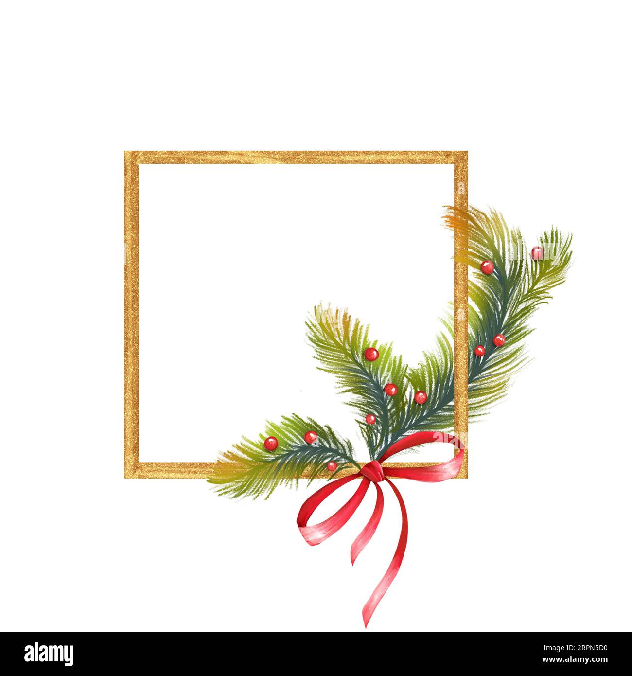 Festlicher quadratischer Rahmen mit Tannenzweigen. Einfaches Design. Illustration zum Thema Neujahr und Weihnachten Stockfoto