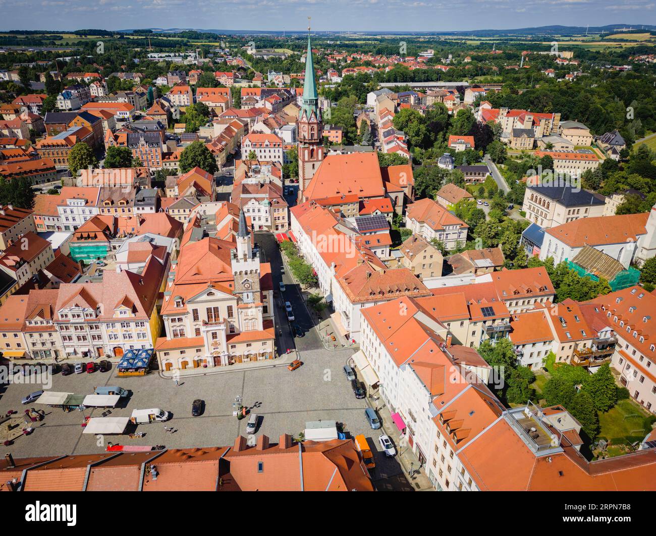 Blick aus der Vogelperspektive auf das Stadtzentrum von Loebau. Loebau ist eine große Kreisstadt im Landkreis Goerlitz in der Oberlausitz in Sachsen Stockfoto