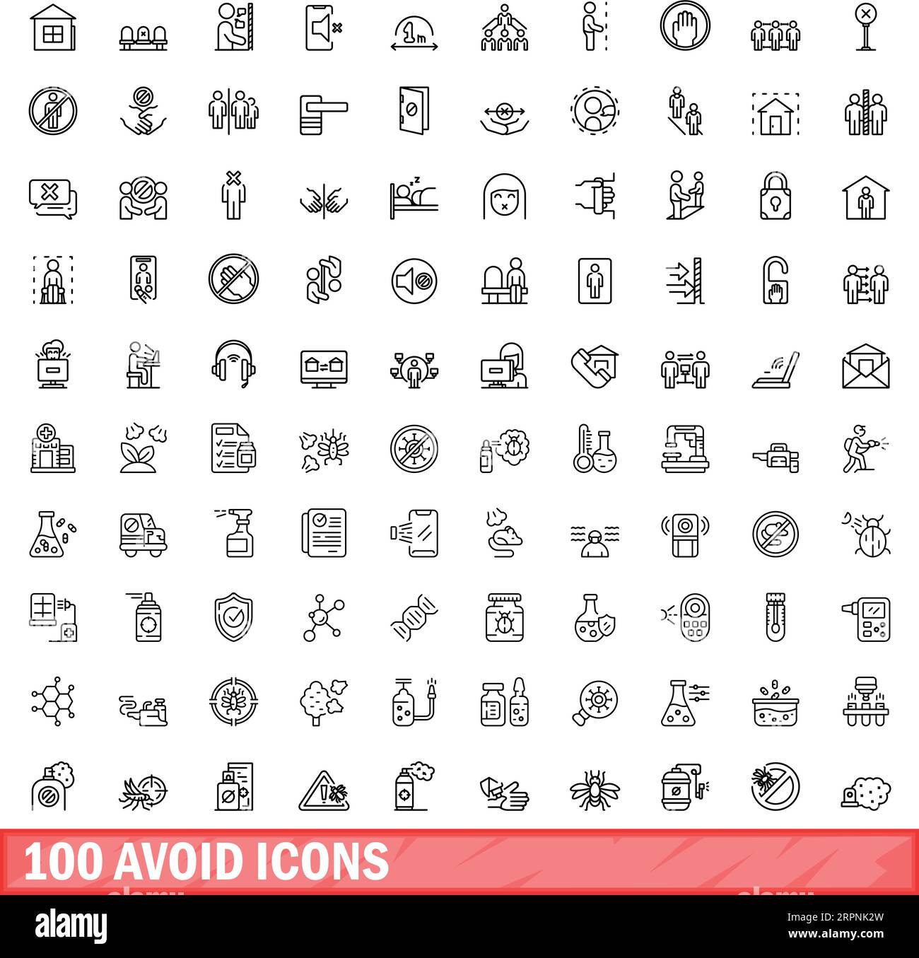 100 Symbole vermeiden. Umrisszeichnung von 100 Vermeiden von Symbolen Vektorsatz isoliert auf weißem Hintergrund Stock Vektor