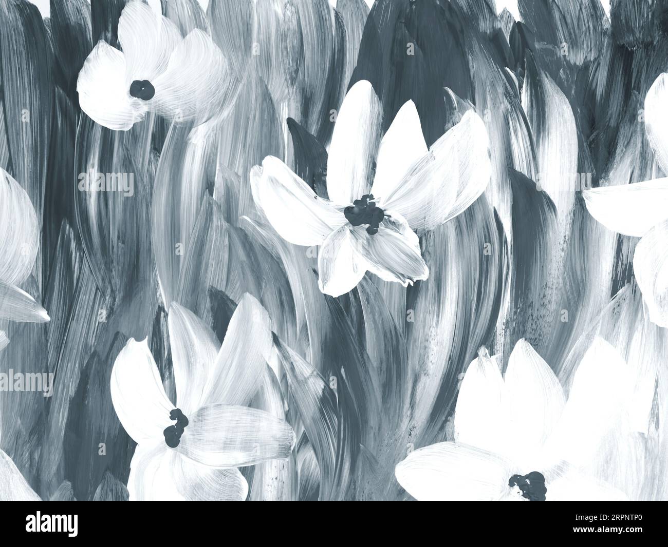 Abstrakte schwarz-weiße Blumen, original handgezeichnet, impressionistischer Stil, Farbtextur, Pinselstriche, Kunsthintergrund. Moderne Kunst Fortsetzung Stockfoto