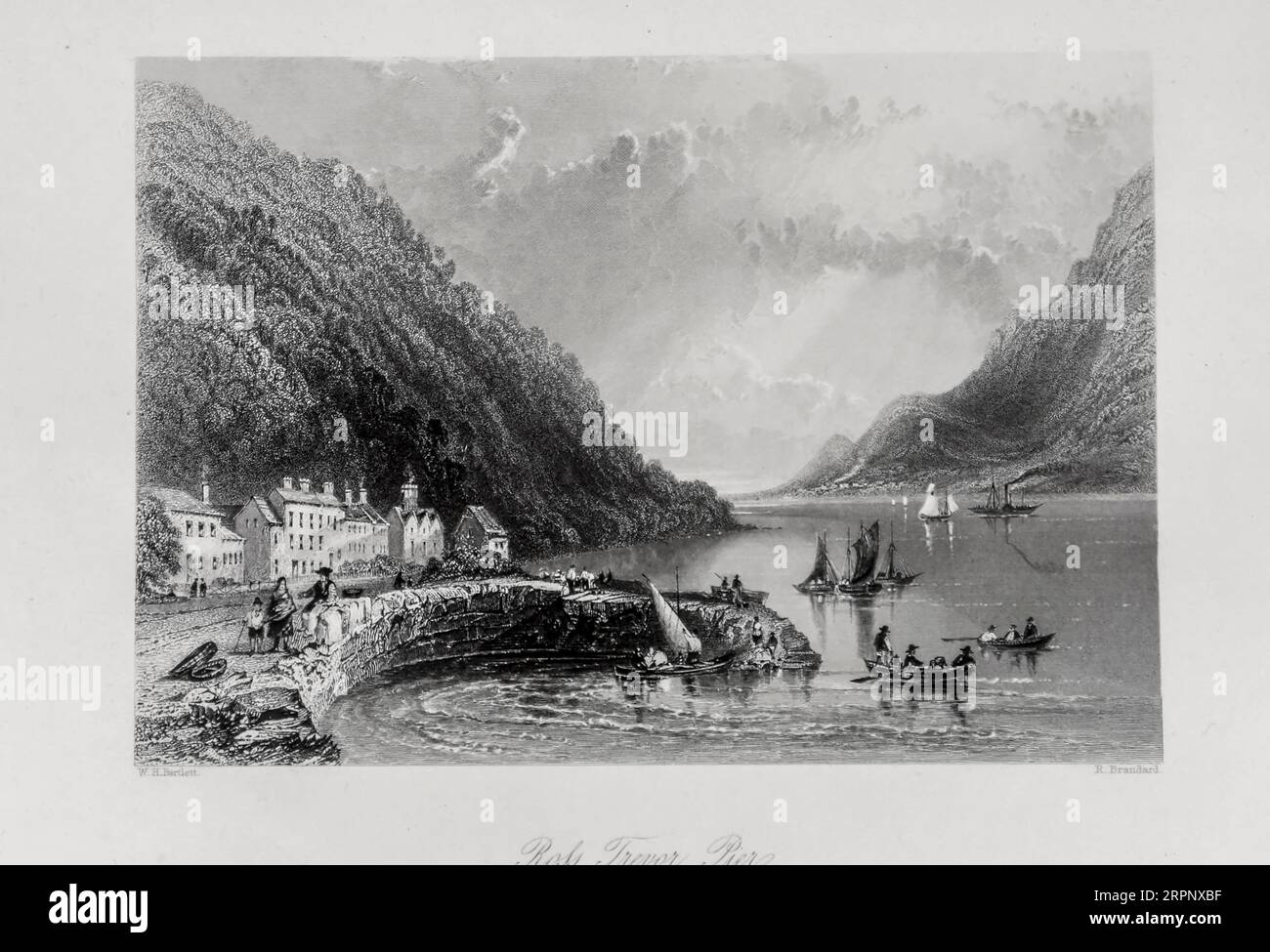 Rosstrevor (oder Rostrevor oder Ros Treabhair) Pier The Scenery and Antiquities of Ireland von Bartlett, W. H. (William Henry), 1809-1854, Illustrator.Band 1. London: G. Virtue 1842 William Henry Bartlett (26. März 1809 – 13. September 1854) war ein britischer Künstler, der vor allem für seine zahlreichen Zeichnungen in Stahlstichen bekannt war. Stockfoto