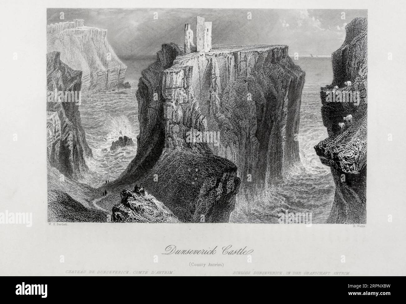 Dunseverick Castle, County Antrim, Nordirland. The Scenery and Antiquities of Ireland von Bartlett, W. H. (William Henry), 1809–1854, Illustrator.Band 1. London: G. Virtue 1842 William Henry Bartlett (26. März 1809 – 13. September 1854) war ein britischer Künstler, der vor allem für seine zahlreichen Zeichnungen in Stahlstichen bekannt war. Stockfoto