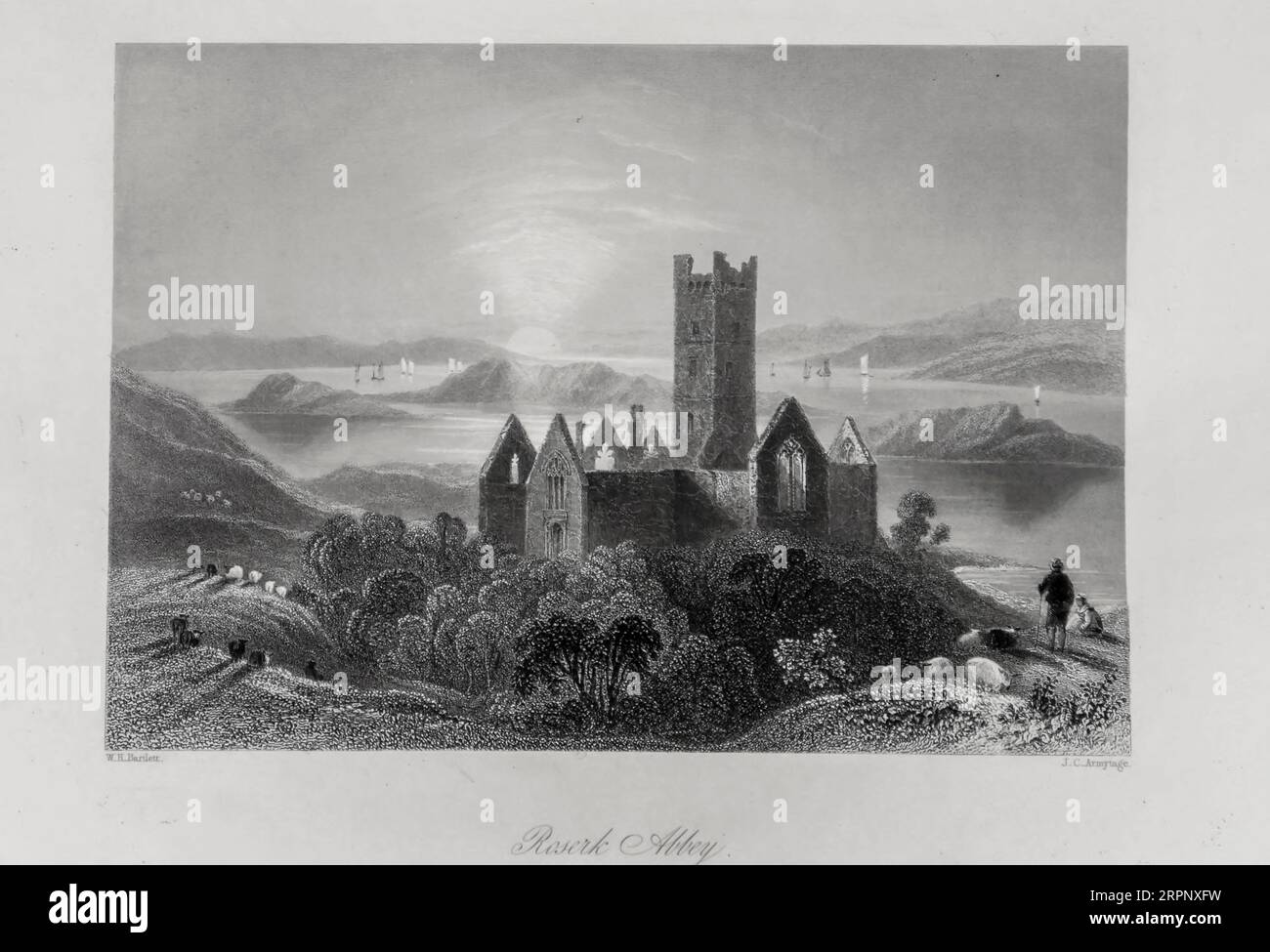 Roserk Abbey die Landschaft und Antiquitäten Irlands von Bartlett, W. H. (William Henry), 1809-1854, Illustrator.Band 1. London: G. Virtue 1842 William Henry Bartlett (26. März 1809 – 13. September 1854) war ein britischer Künstler, der vor allem für seine zahlreichen Zeichnungen in Stahlstichen bekannt war. Stockfoto