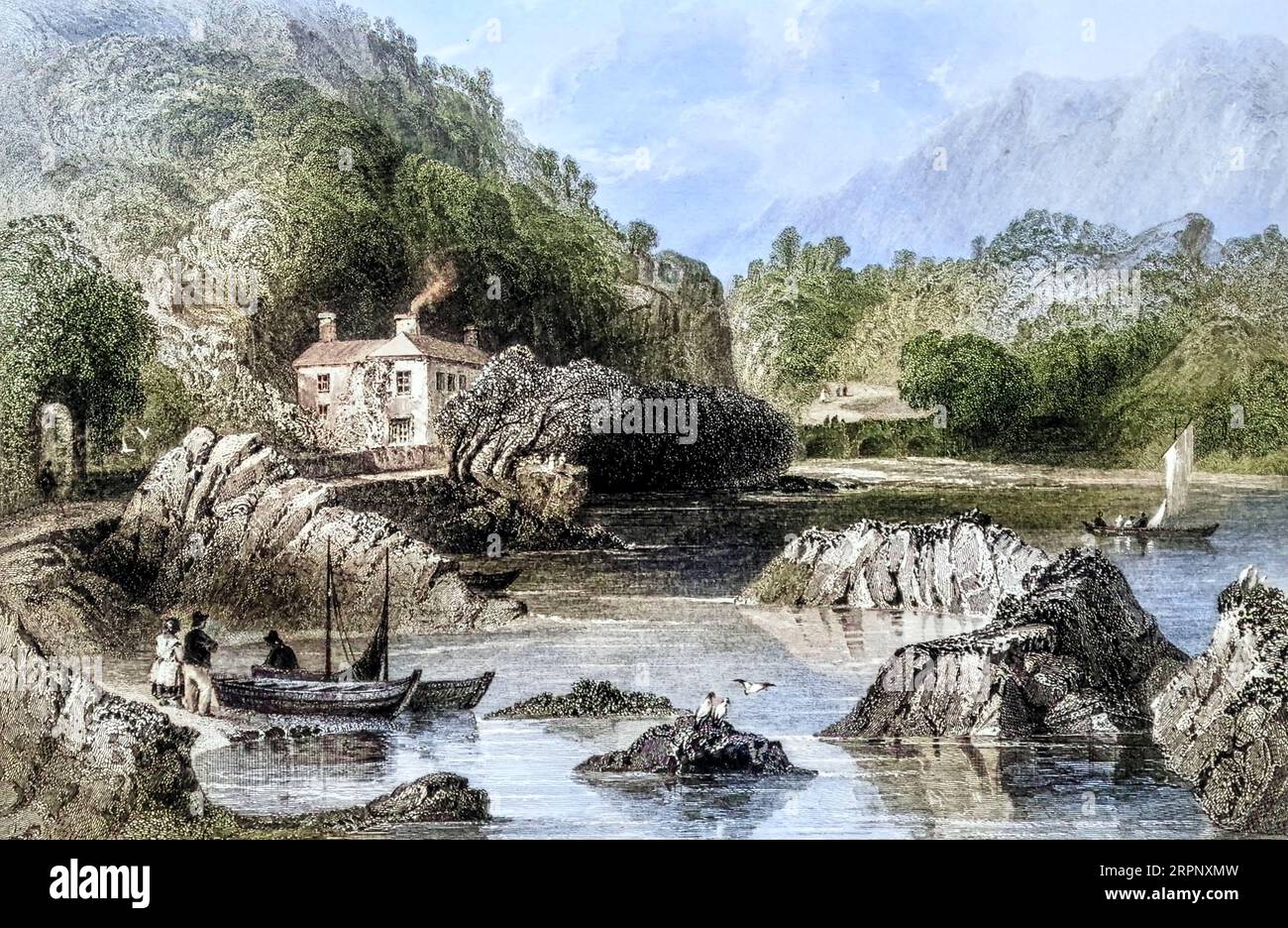 Glengariff Inn Stahlstich aus den Landschaften und Antiquitäten Irlands von Bartlett, W. H. (William Henry), 1809-1854, Illustrator.Band 2. London: George Virtue 1842 William Henry Bartlett (26. März 1809 – 13. September 1854) war ein britischer Künstler, der vor allem für seine zahlreichen Zeichnungen bekannt war, die in Stahlstiche geritzt wurden. Stockfoto