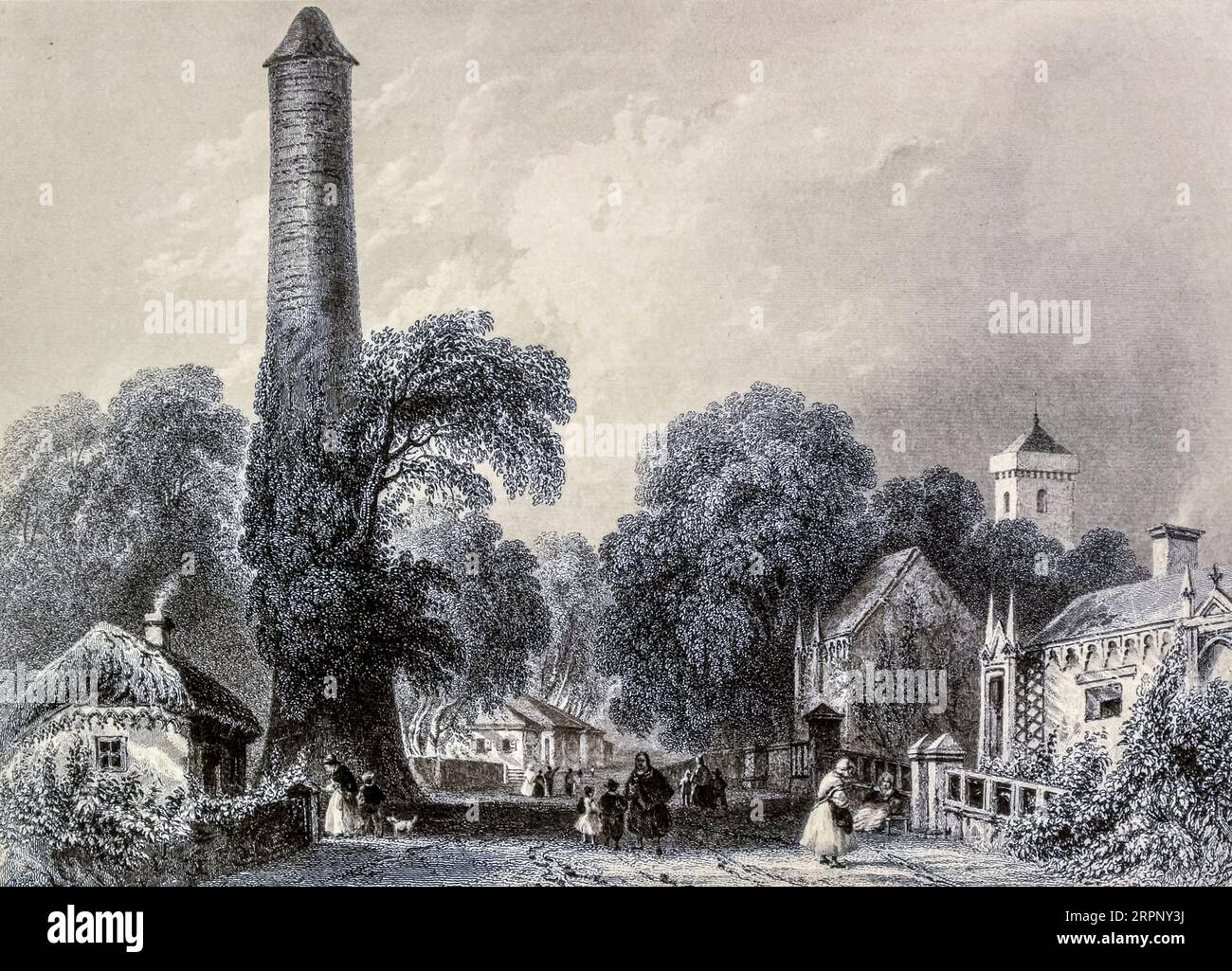 Clondalkin, Irland Stahlstich aus den Landschaften und Antiquitäten Irlands von Bartlett, W. H. (William Henry), 1809-1854, Illustrator.Band 2. London: George Virtue 1842 William Henry Bartlett (26. März 1809 – 13. September 1854) war ein britischer Künstler, der vor allem für seine zahlreichen Zeichnungen bekannt war, die in Stahlstiche geritzt wurden. Stockfoto