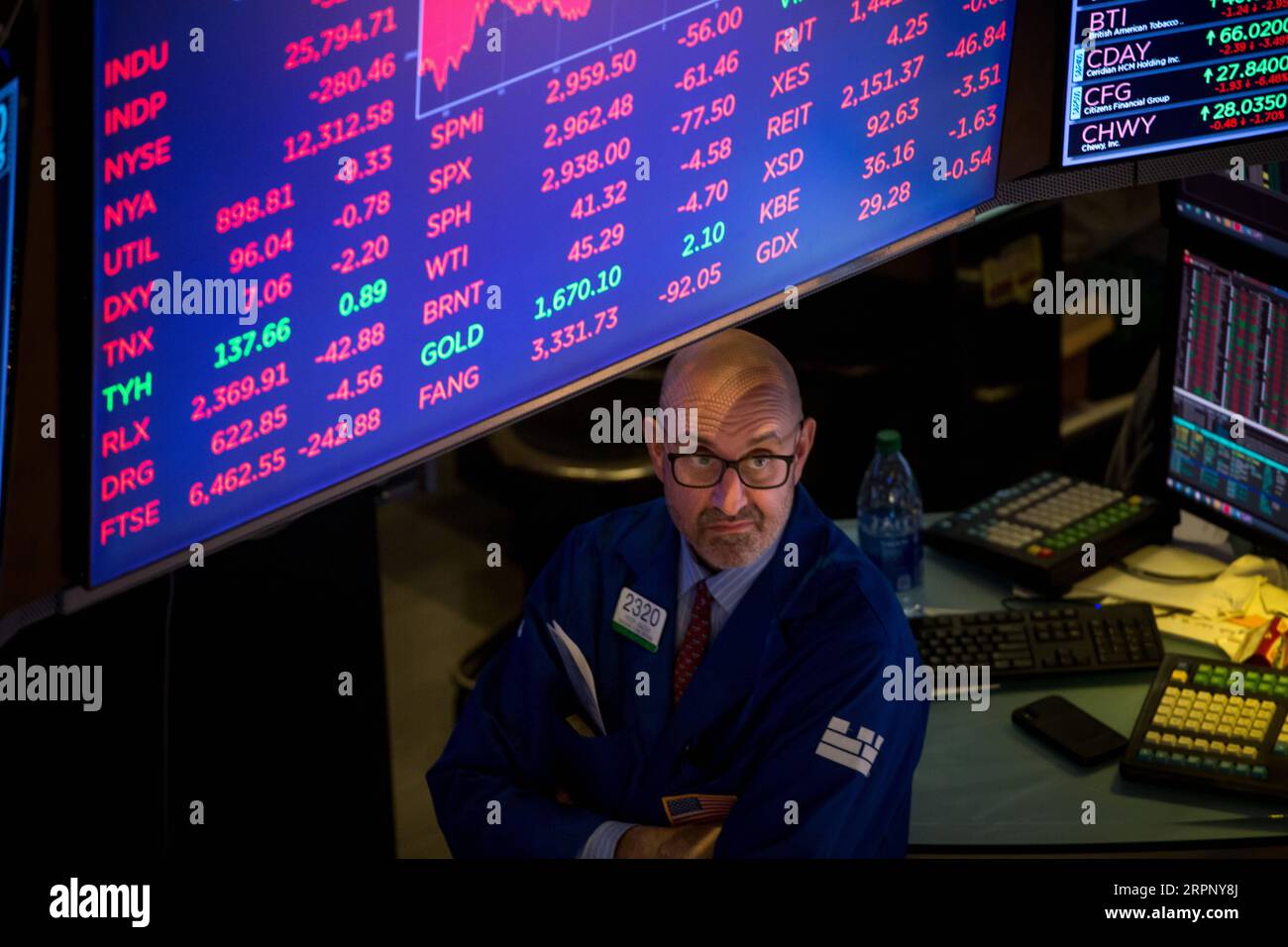200306 -- NEW YORK, 6. März 2020 -- Ein Händler arbeitet am 6. März 2020 an der New York Stock Exchange NYSE in New York, USA. Die US-Aktien endeten am Freitag niedriger. Der Dow sank um 0,98 Prozent auf 25.864.78, der S&P 500 um 1,71 Prozent auf 2.972,37 und der Nasdaq um 1,87 Prozent auf 8.575,62. Foto von /Xinhua U.S.-NEW YORK-STOCKS MichaelxNagle PUBLICATIONxNOTxINxCHN Stockfoto