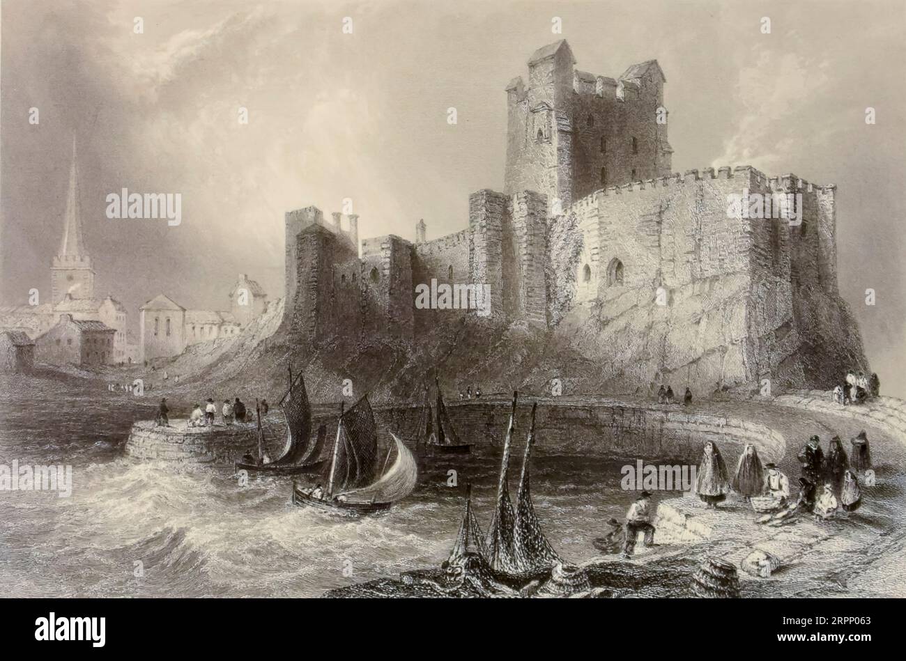 Carrickfergus Castle, County Antrim, Nordirland die Landschaft und Antiquitäten Irlands von Bartlett, W. H. (William Henry), 1809-1854, Illustrator.Band 1. London: G. Virtue 1842 William Henry Bartlett (26. März 1809 – 13. September 1854) war ein britischer Künstler, der vor allem für seine zahlreichen Zeichnungen in Stahlstichen bekannt war. Stockfoto