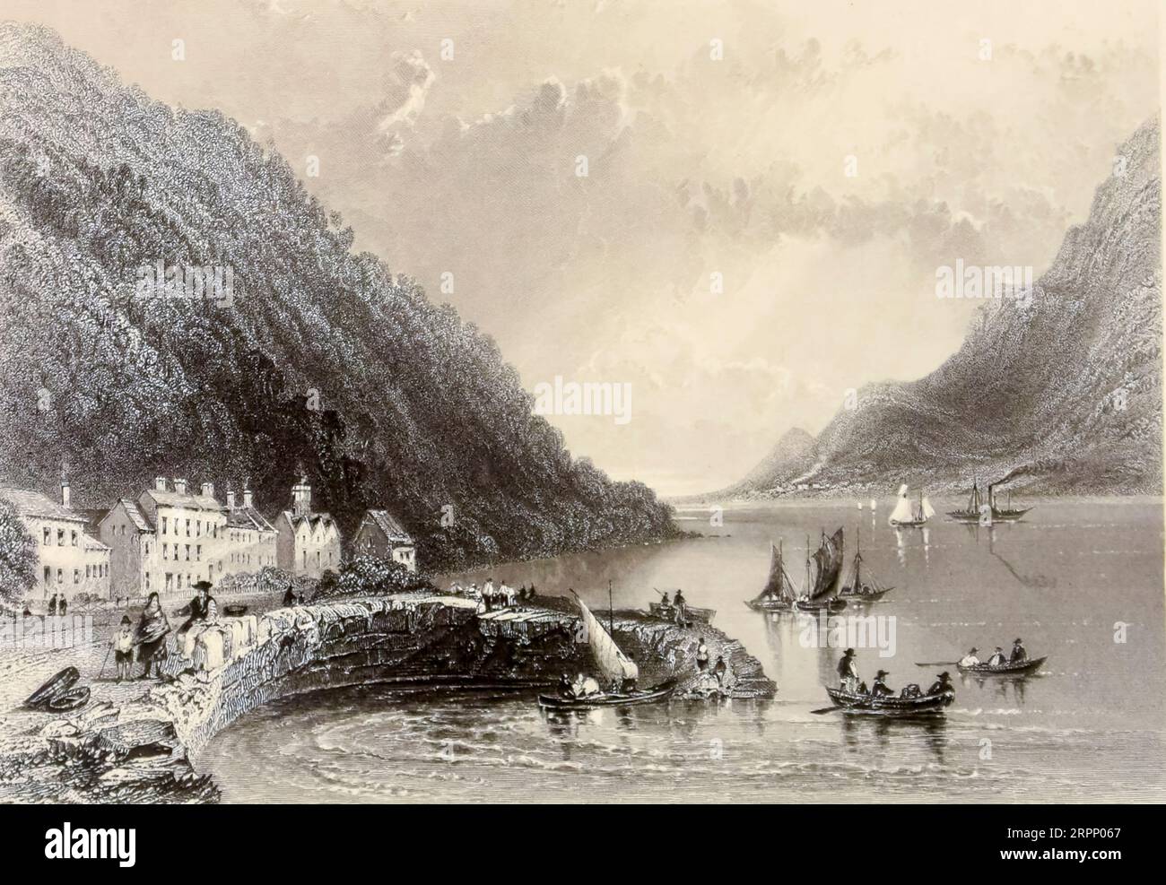 Rosstrevor (oder Rostrevor oder Ros Treabhair) Pier The Scenery and Antiquities of Ireland von Bartlett, W. H. (William Henry), 1809-1854, Illustrator.Band 1. London: G. Virtue 1842 William Henry Bartlett (26. März 1809 – 13. September 1854) war ein britischer Künstler, der vor allem für seine zahlreichen Zeichnungen in Stahlstichen bekannt war. Stockfoto