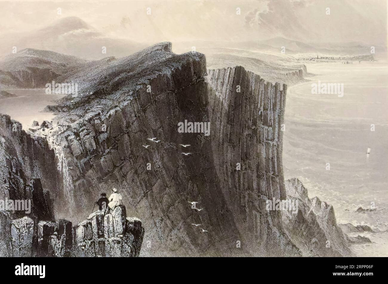 Fairhead The Scenery and Antiquities of Ireland von Bartlett, W. H. (William Henry), 1809-1854, Illustrator.Band 1. London: G. Virtue 1842 William Henry Bartlett (26. März 1809 – 13. September 1854) war ein britischer Künstler, der vor allem für seine zahlreichen Zeichnungen in Stahlstichen bekannt war. Stockfoto