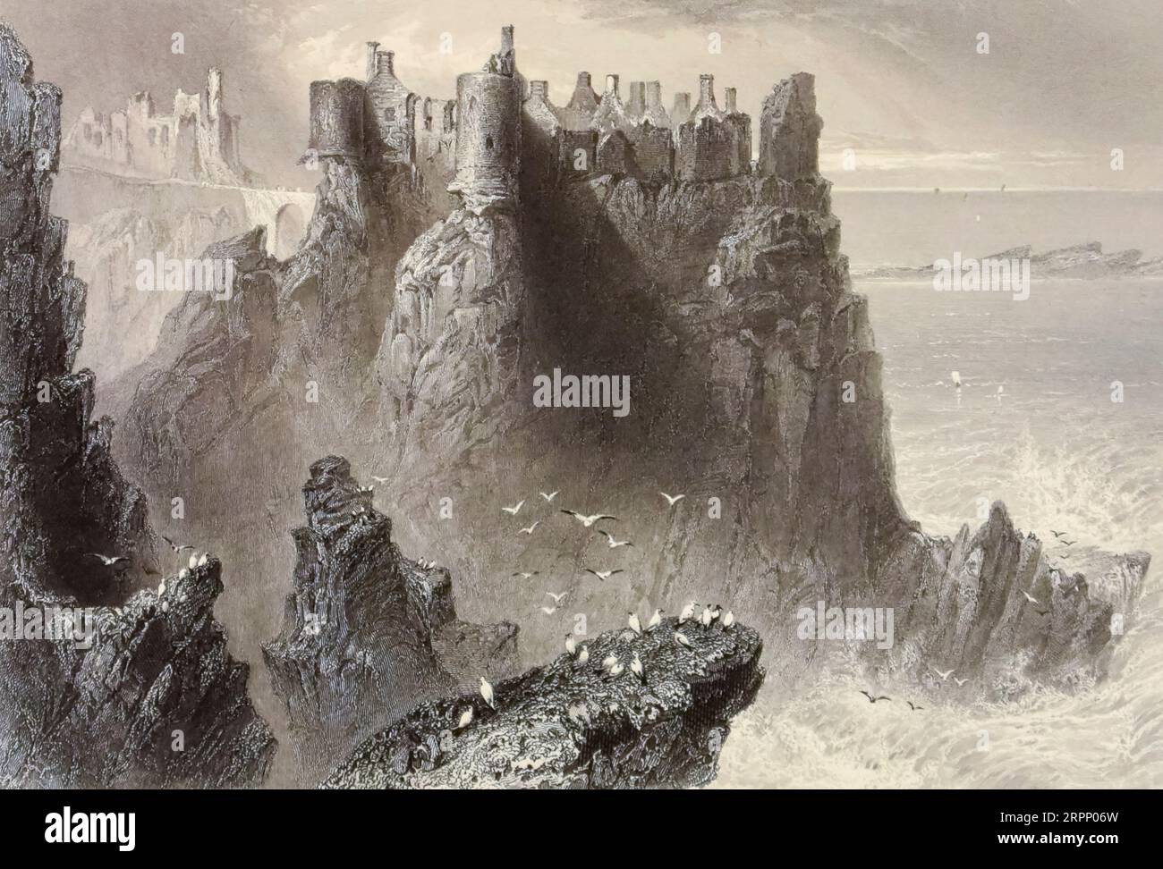 Dunluce Castle die Landschaft und Antiquitäten Irlands von Bartlett, W. H. (William Henry), 1809-1854, Illustrator.Band 1. London: G. Virtue 1842 William Henry Bartlett (26. März 1809 – 13. September 1854) war ein britischer Künstler, der vor allem für seine zahlreichen Zeichnungen in Stahlstichen bekannt war. Stockfoto